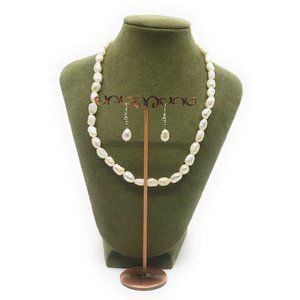Faux Freshwater Pearl Necklace with Matching Earrings Set Cream Color
